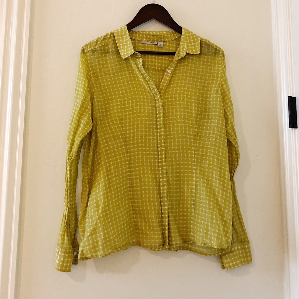 Chartreuse button up patterned blouse